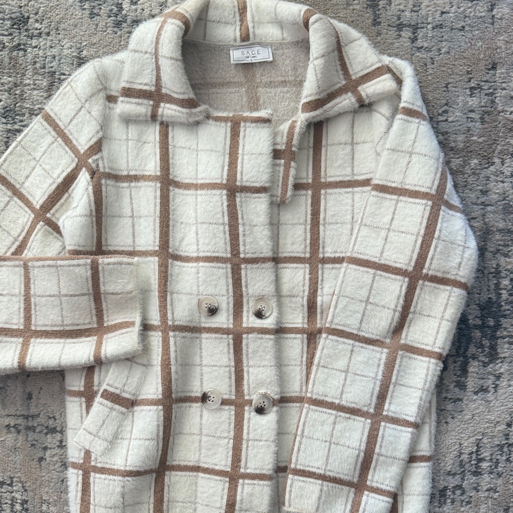 Sage Women's Checkered Teddy Jacket in Cream and Brown